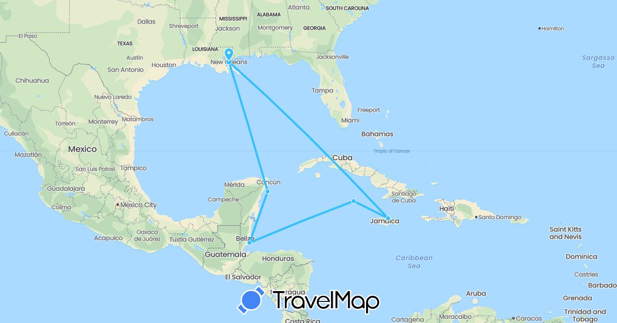 TravelMap itinerary: driving, boat in Belize, Jamaica, Cayman Islands, Mexico, United States (North America)